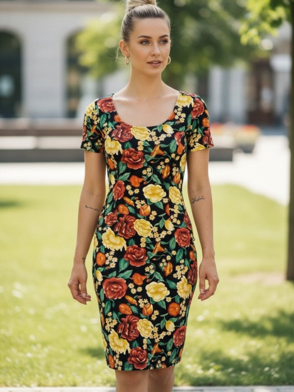 Vintage 90s Santa Fe Floral Dress Women's Size 4 Black Multi Rose Print Retro